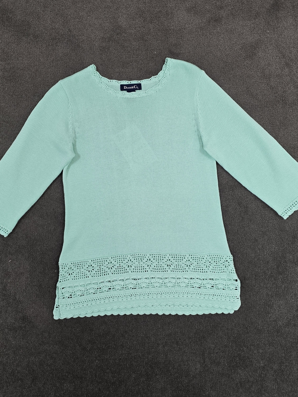Denim & Co. Mint Green Crochet Trim Knit Tunic Top Medium Cotton Blend